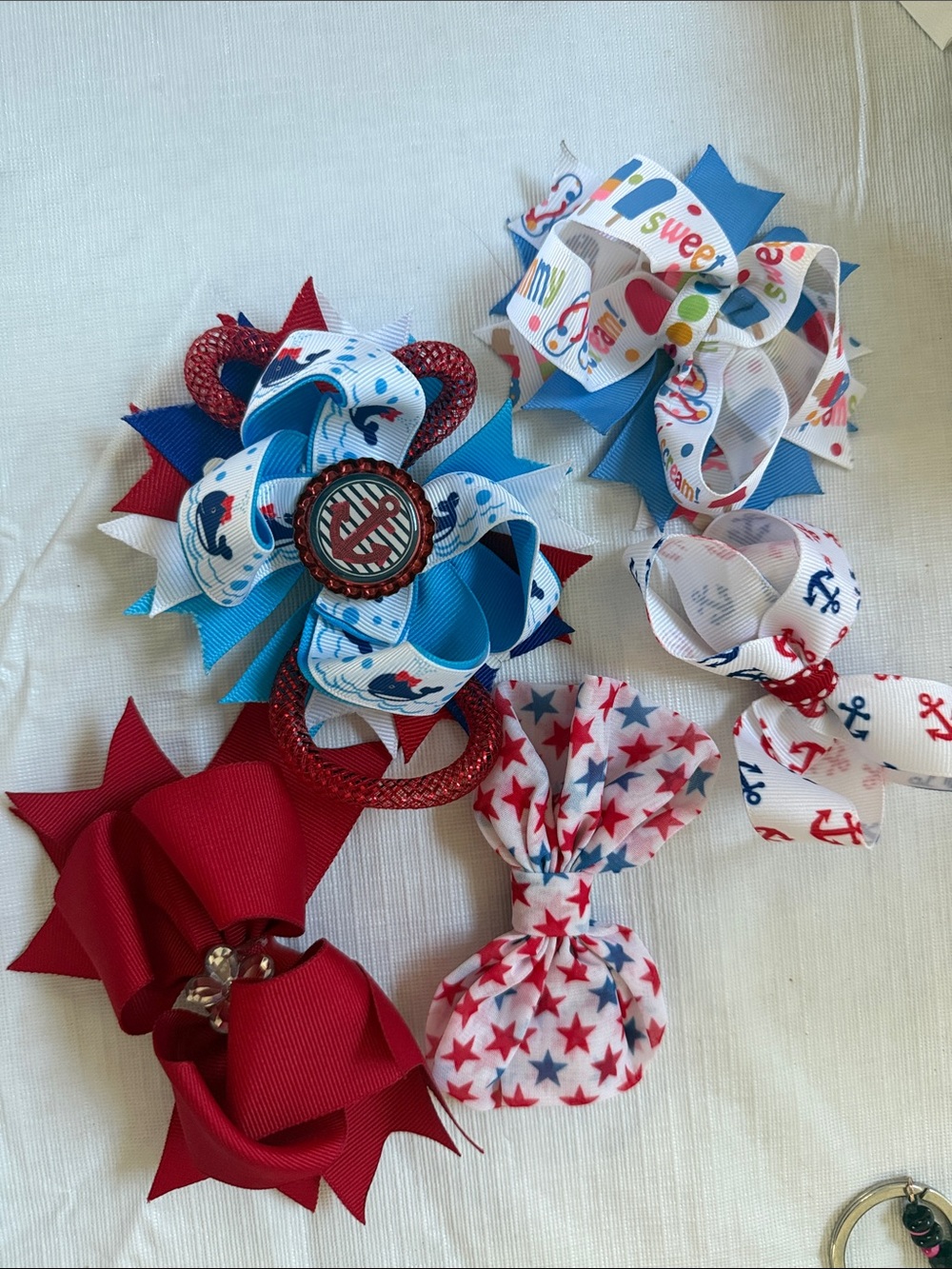 Children's Red, Blue & White Star and Anchor Hair Bow Set